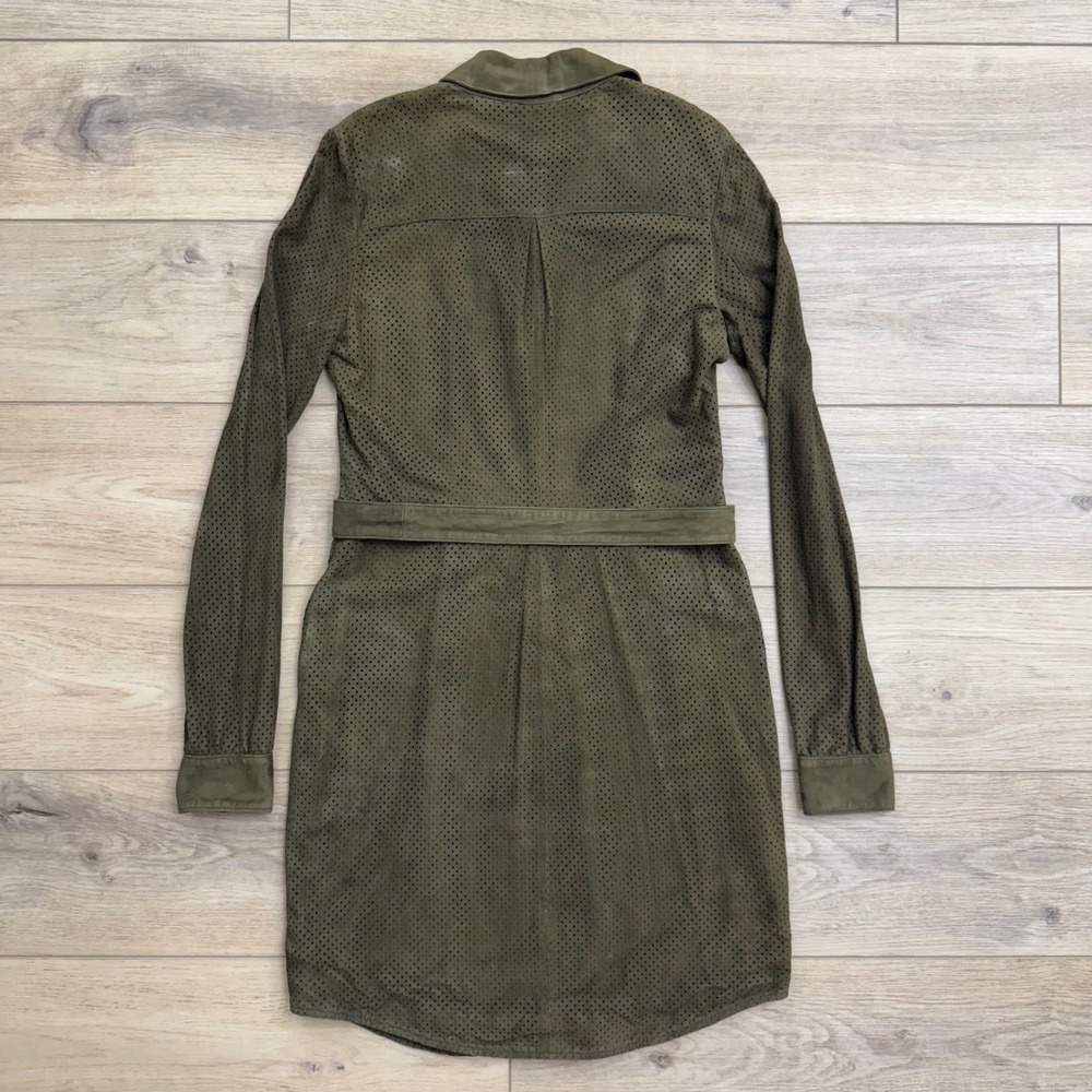 Haute Hippie Suede Leather Shirt Dress Olive Green Perforated Belted Utility - Picture 6 of 16